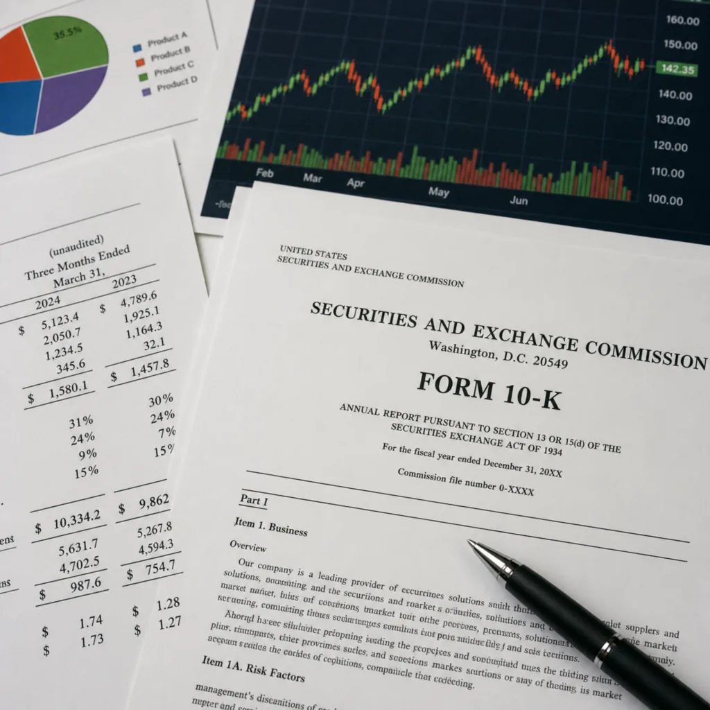 a39c400d-6cac-4862-8c36-b010bb4b405c.webp Close up of financial documents, SEC forms, and stock market charts on a desk