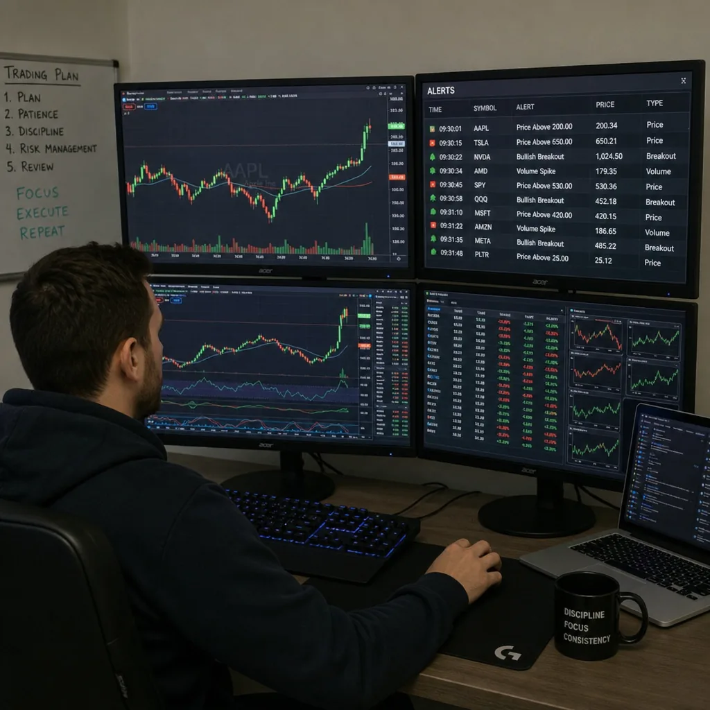 day-trader-using-insider-trading-alerts.webp Trader using a multi-monitor setup with automated alert software and stock charts